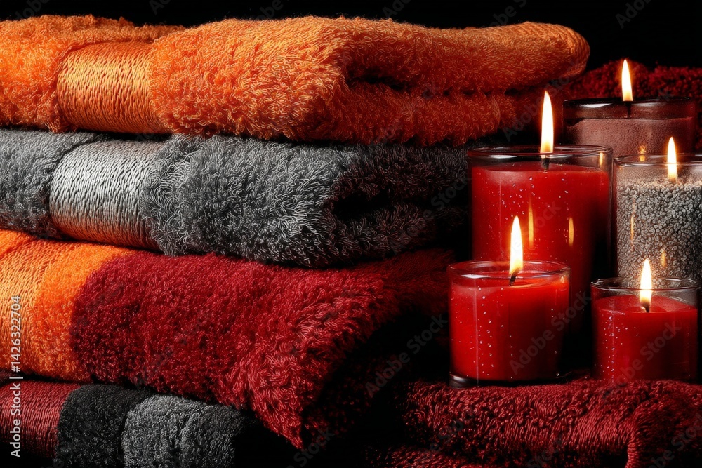 Poster warm towels arranged neatly next to lit candles create a cozy atmosphere in a tranquil setting