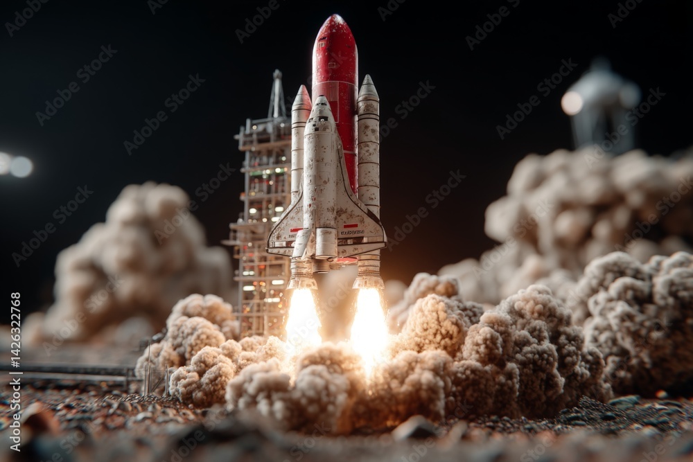 Poster Rocket launch at night with fiery boosters and clouds of dust from the launchpad