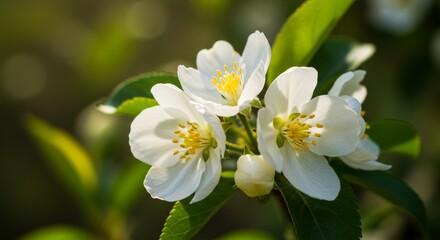 Obraz premium Soft White Blossoms in Sunlight - Delicate white flowers, vibrant yellow stamens, lush green leaves, gentle sunlight, blurred background. Symbolizing purity, new beginnings, nature's beauty, serenity