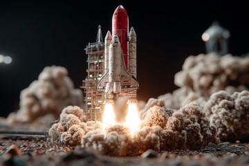 Rocket launch at night with fiery boosters and clouds of dust from the launchpad