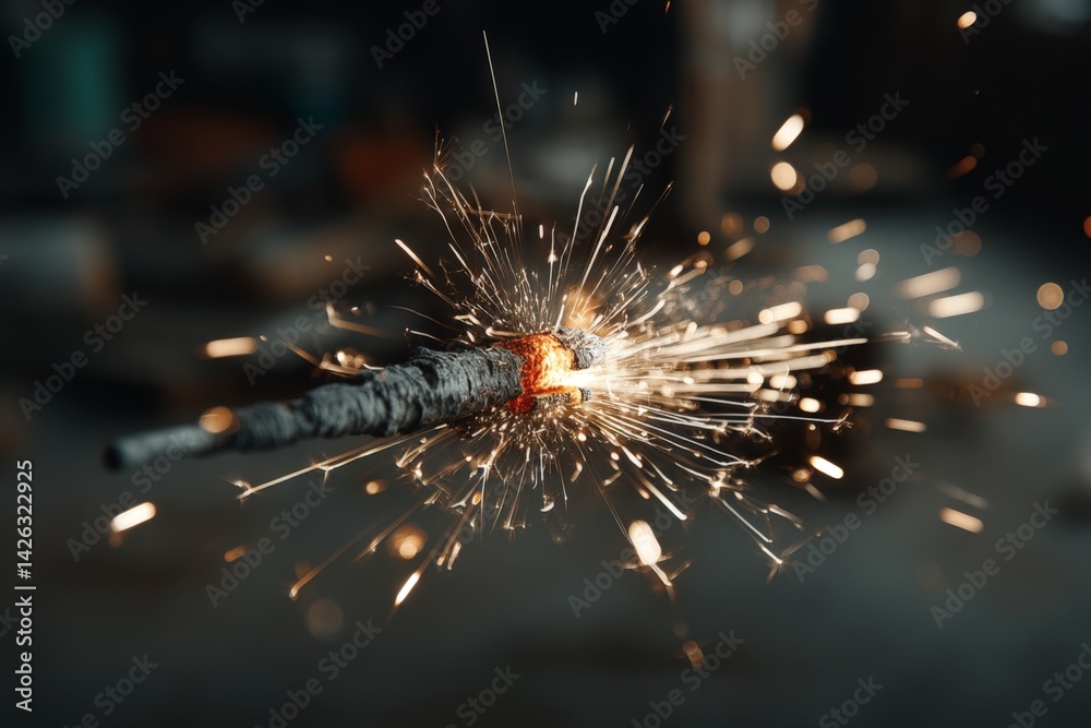 Poster Sparking firework glowing brightly in a darkened workshop setting during a festive celebration at night