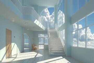 A Brightly Lit Interior Space with a Curved Staircase and Large Windows Offering a View of the Sky