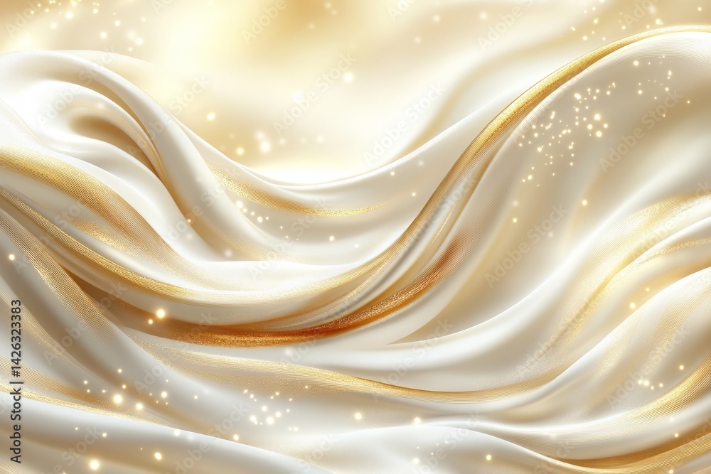 Poster elegant golden silk fabric draped with soft folds and sparkling highlights in an artistic arrangemen