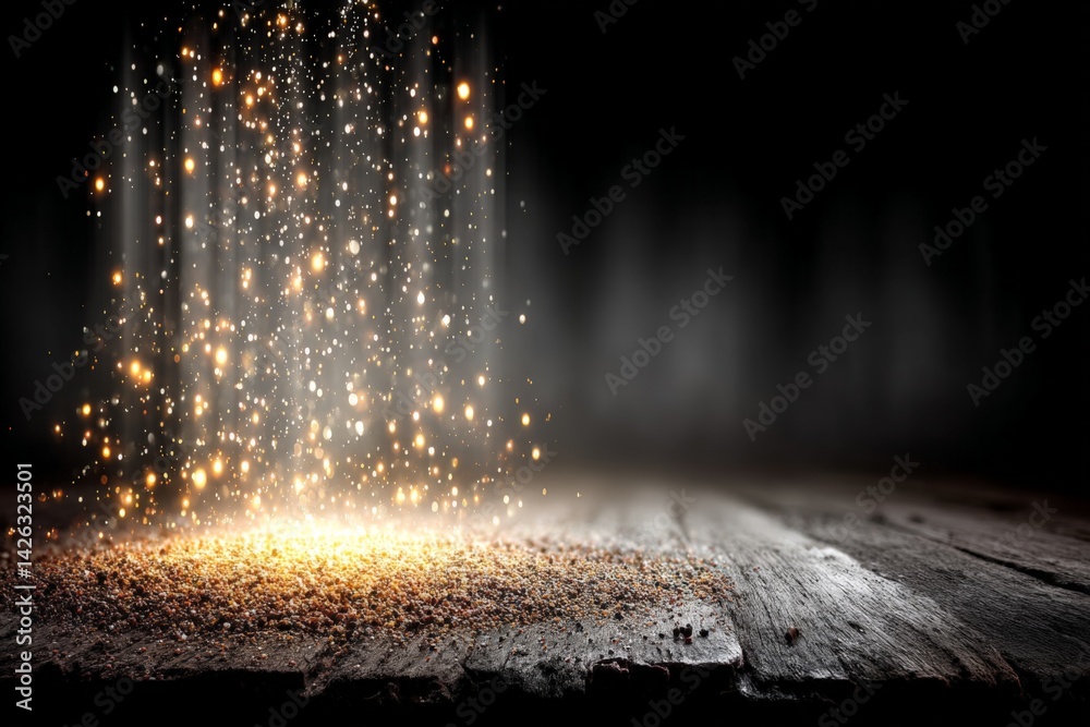 Poster Sparkling dust particles creating a magical atmosphere in a dimly lit space during evening hours
