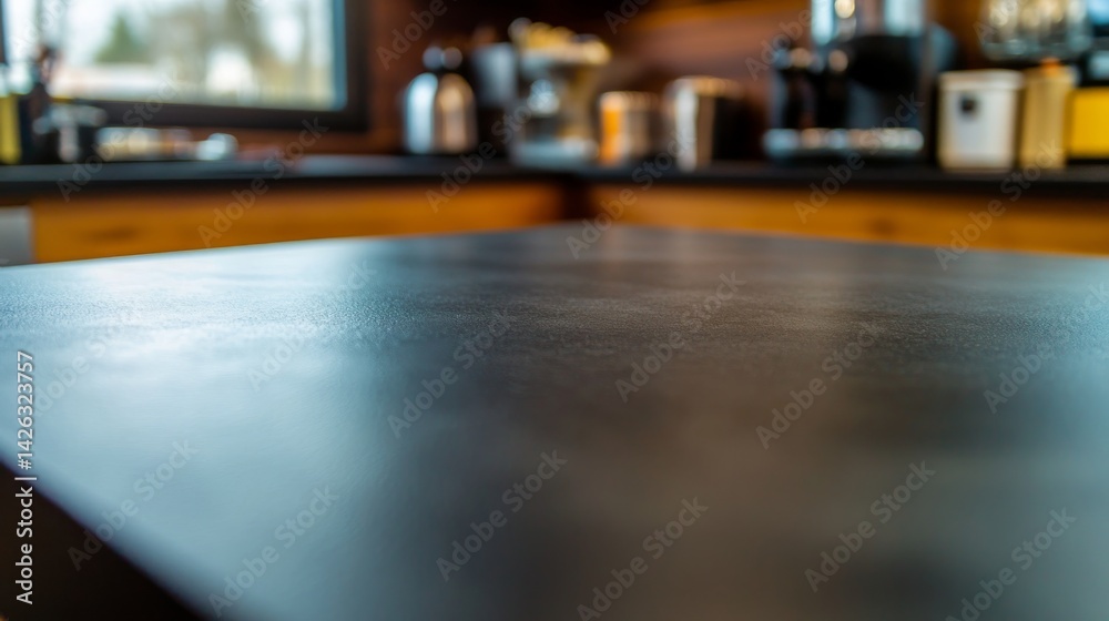 Poster polished black stone countertop reflects soft warm lighting, emphasizing its modern design in a styl