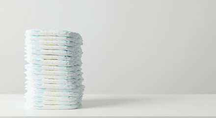 Stack of Baby Diapers on White Background - A neat stack of baby diapers sits on a clean white surface against a white background. Perfect for baby product advertisements