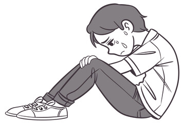 Monochromatic illustration of a depressed young man sitting and crying