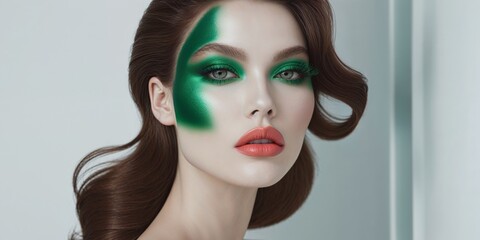 Glam model poses with green makeup for beauty ads