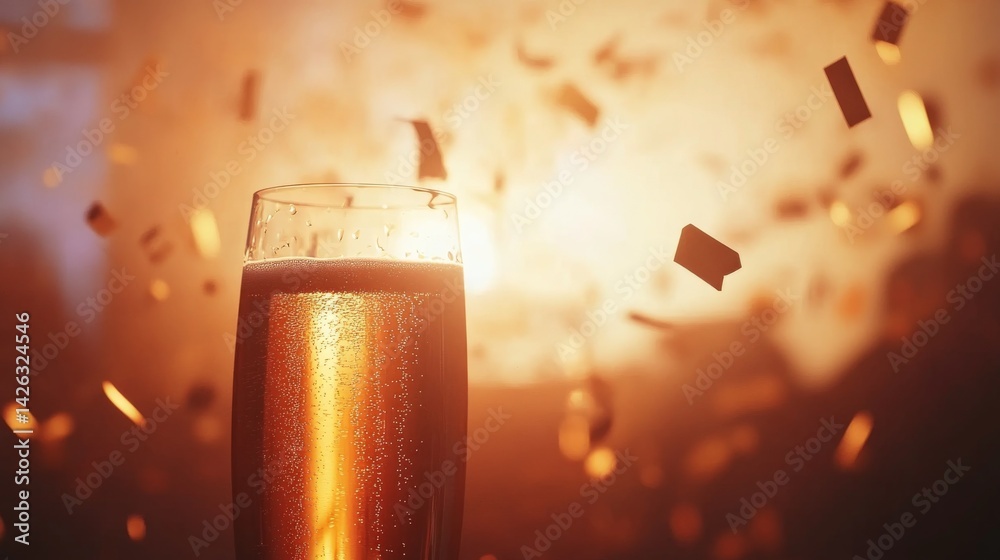 Poster close-up of a champagne flute displaying a droplet as it reflects soft-focus gold confetti, creating