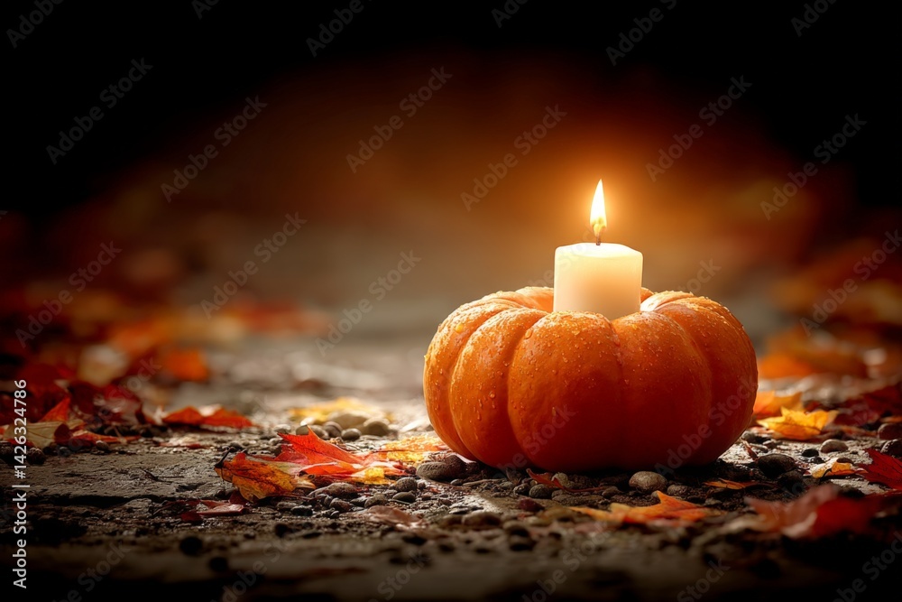 Poster pumpkin candle surrounded by autumn leaves creating a warm atmosphere in a cozy setting