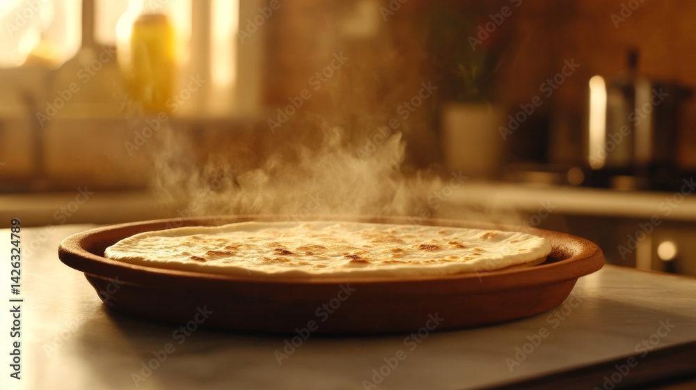 Poster Steaming chapati rests on a traditional clay plate with minimal garnish, surrounded by warm tones that highlight its freshness and inviting texture