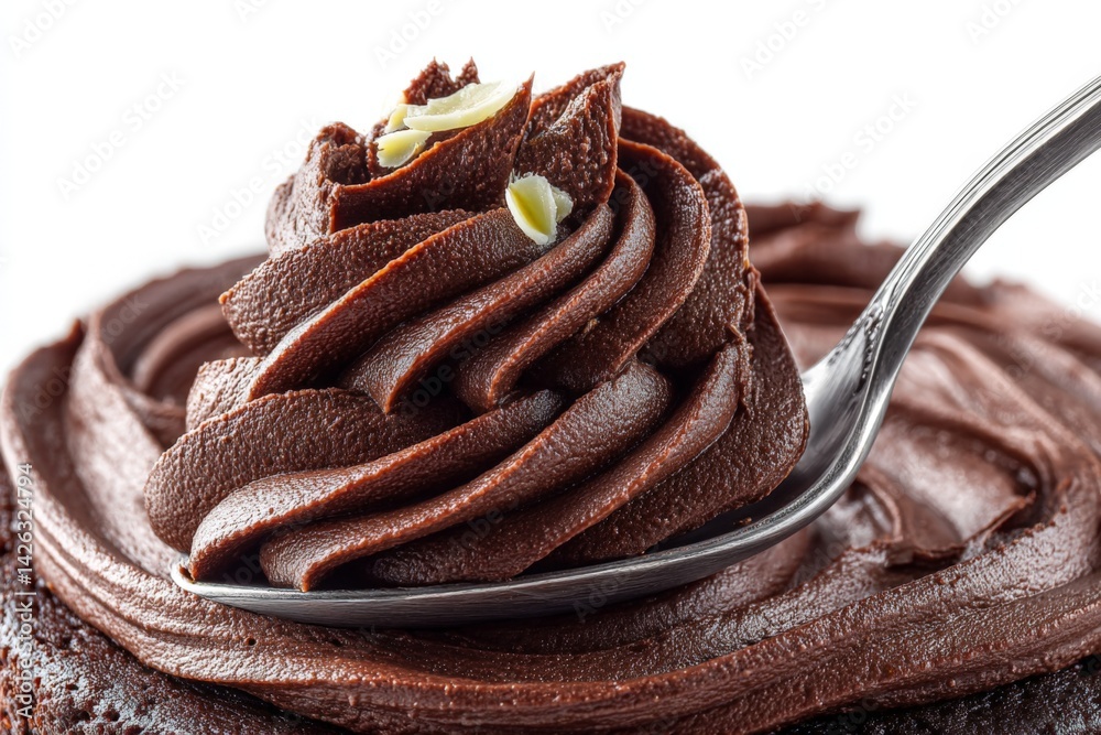 Poster creamy chocolate frosting swirled on top of decadent cake with a spoon resting beside it
