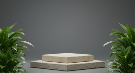 Stone Podium Display with Green Plants - Elegant product presentation, showcasing a stone podium with lush greenery, symbolizing nature, purity, luxury, balance, and growth