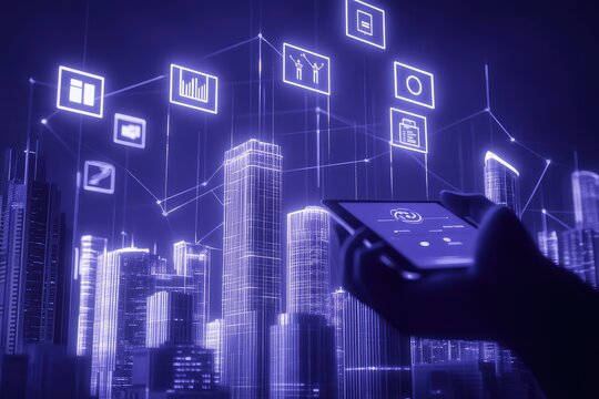 Smart city technology visualized on a phone, showcasing interconnected urban infrastructure and digital services