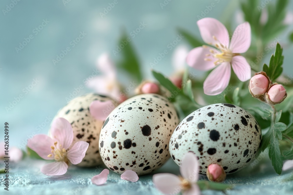 Poster decorative quail eggs surrounded by spring flowers create a serene festive atmosphere