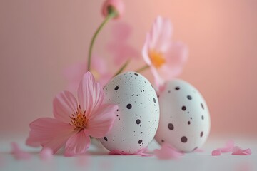 Fototapeta premium Decorative speckled eggs with pink flowers in soft pastel tones during spring celebration