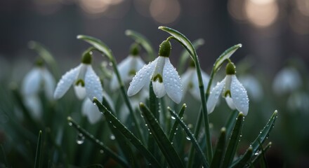 Stunning Macro Snowdrops in Morning Light - Delicate snowdrops, glistening with dew, symbolize purity, hope, spring's arrival, resilience