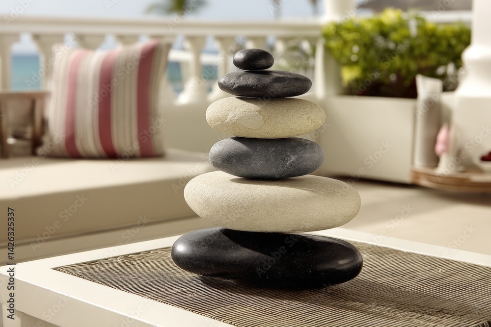 Poster Balancing stones create a serene atmosphere in a coastal setting during daytime