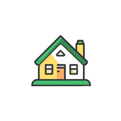 A colorful illustration of a cozy house with a green roof and chimney, set against a plain background, ideal for home-related themes and designs , isolated on white or transparent png