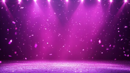 Purple stage with spotlights and confetti.