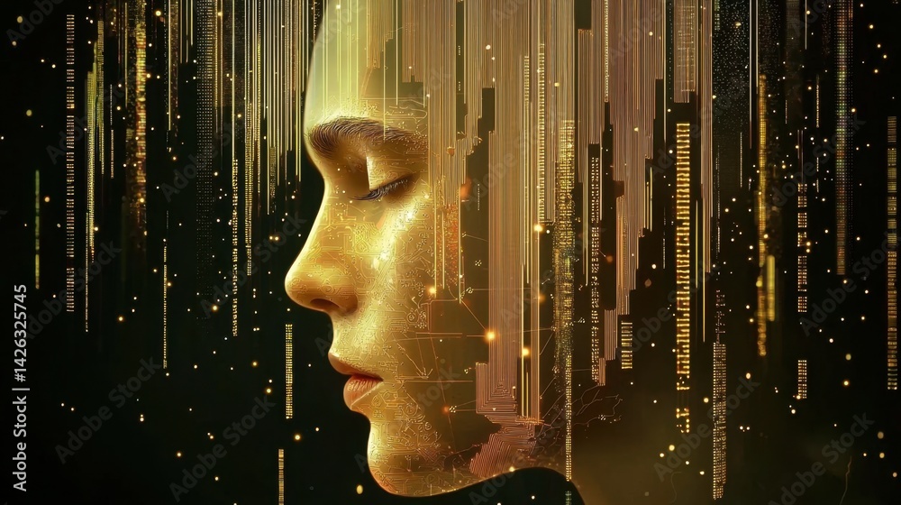 Poster artificial intelligence data brain with flowing lights and complex tech layers behind