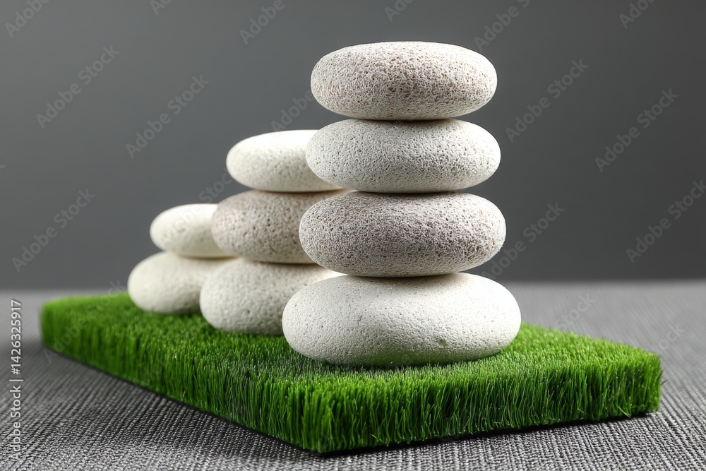 Poster stacked white stones on a green grass mat create a calming atmosphere in a contemporary setting