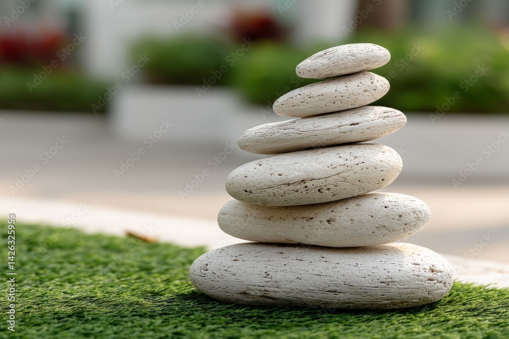 Poster balanced stone tower in a serene garden setting during daylight hours showcasing nature's tranquilit