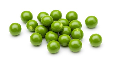 AI image displays a small, loose pile of vibrant green peas scattered naturally across a clean, bright, isolated white studio background.