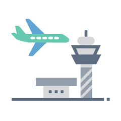 Airplane flying near airport control tower icon on a black background