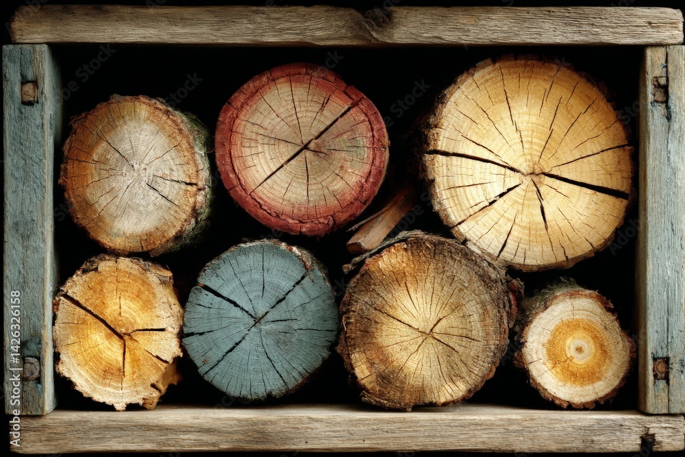 Poster colorful logs stacked in a rustic wooden box for decorative or functional use at a cozy cabin