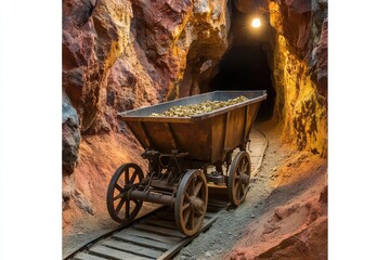 Ore-filled mine cart on tracks inside a dark, rocky tunnel