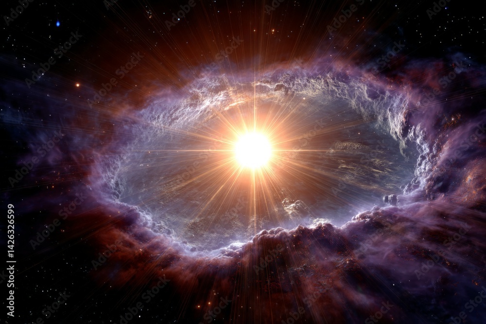 Poster vibrant celestial explosion captured in the depths of space with radiant light and swirling cosmic c