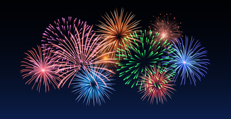 Fototapeta premium Vector decorative border with colorful exploding fireworks in the sky - celebration card, festival banner