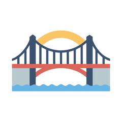 Iconic Bridge Illustration with Arches, Cables, and Water Waves on Black
