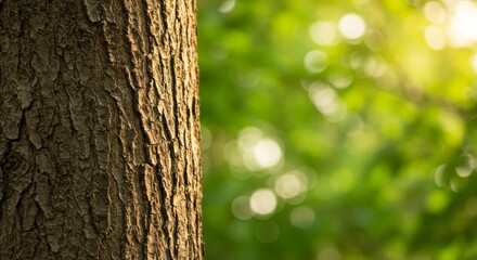 Fototapeta premium Sunlit Tree Trunk and Bokeh Background - Nature, serenity, growth, sunlight, tranquility. A close-up of a tree trunk bathed in soft golden sunlight