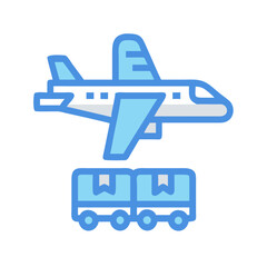 Air Freight Cargo Logistics Icon, Plane Above Train, Blue Illustration