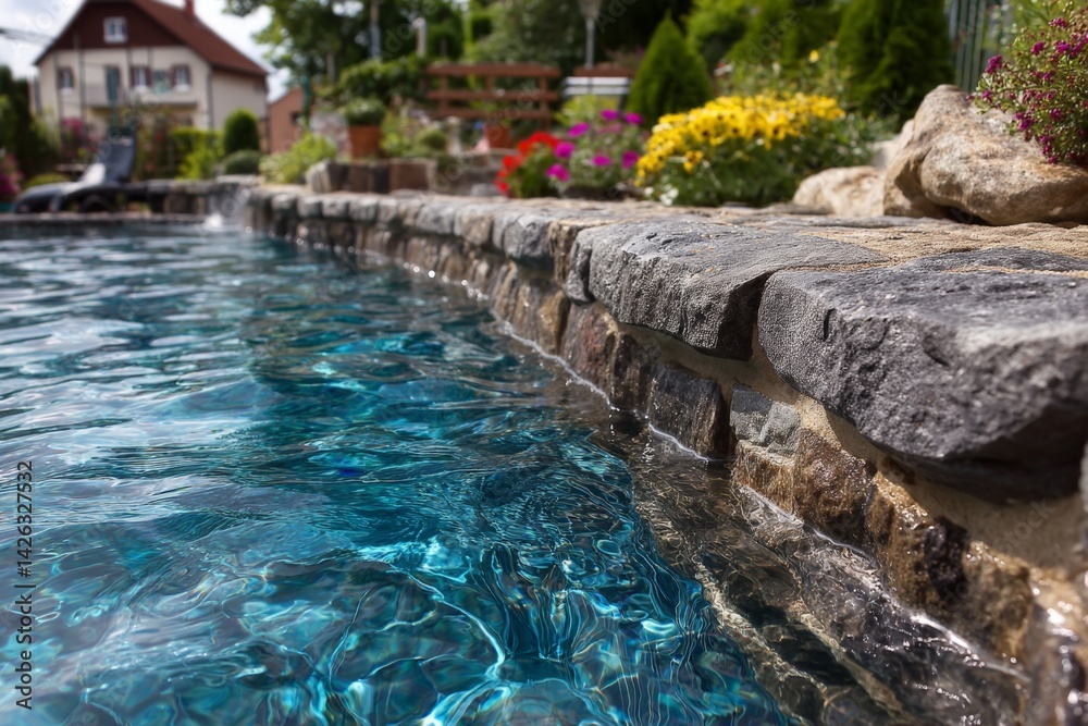 Poster beautifully clear pool with stone edging surrounded by vibrant flowers in a serene backyard setting