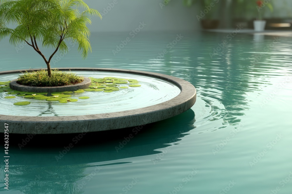 Poster Tranquil reflection of a small tree on a circular stone platform in a serene pool at midday