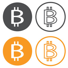 Bitcoin Crypto currency coin symbol. Coin in flat and in outline style and filled. Vector illustration.