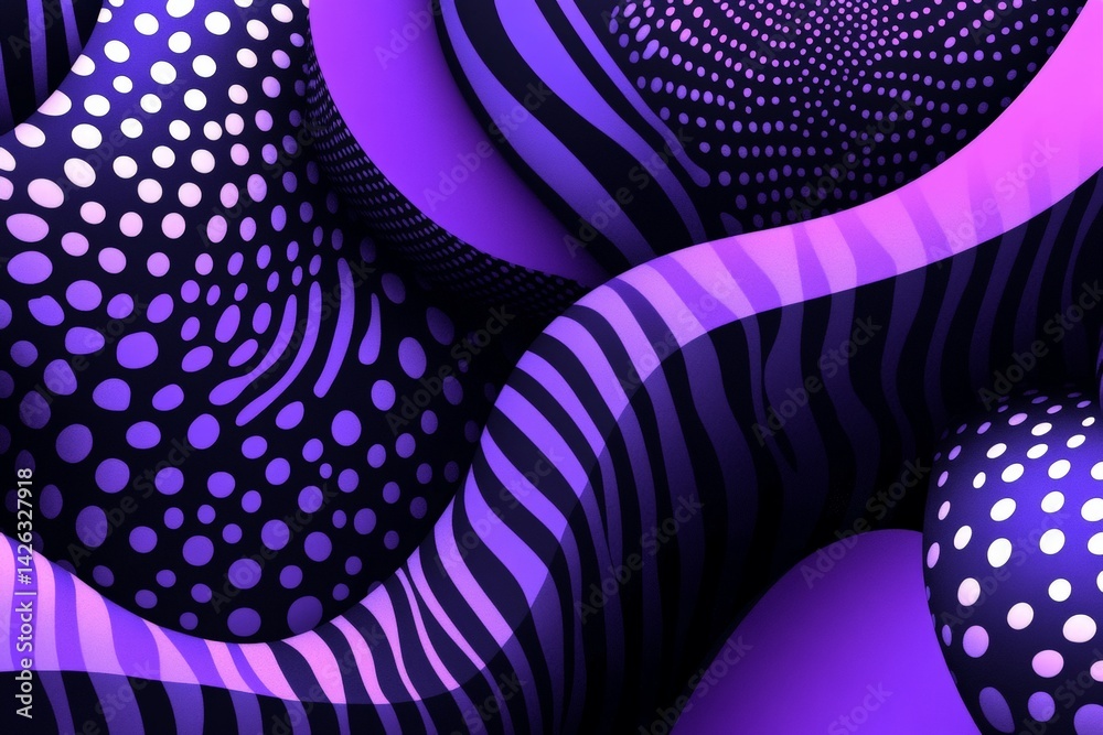 Poster Colorful abstract design features flowing shapes and patterns in shades of purple and black with contrasting dots and stripes