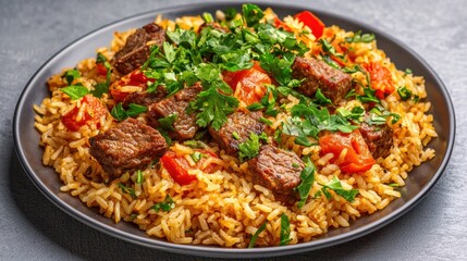 Fototapeta premium Asian-style beef rice dish with fresh herbs on a textured gray background