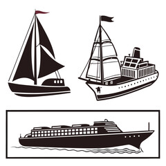 Three Black and White Silhouettes of Ships and Boats