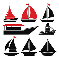Collection of Simple Black and Red Boat Icons
