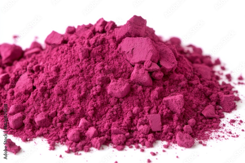 Poster Magenta powder erupts, creating a vibrant display of particles against a crisp white surface, allowing for captivating visual noise and ample copy space