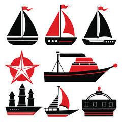 Collection of Red and Black Boat and Ship Icons