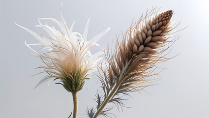 Two unique flowers displaying delicate textures and muted earth tones on light background