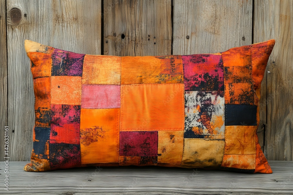 Poster colorful patchwork pillow displayed against rustic wood backdrop in natural light