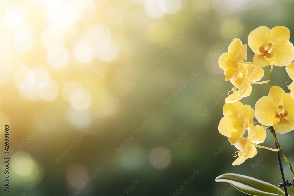 Poster close-up view of a vibrant yellow orchid on the right, surrounded by a magical bokeh background that
