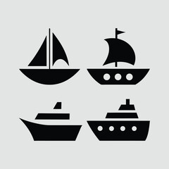 Four Simple Black Boat and Ship Icons Set