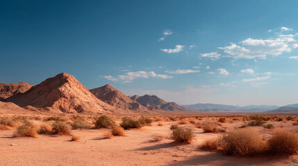 Arid landscape featuring mountains under a clear blue sky with scattered clouds and desert vegetation
